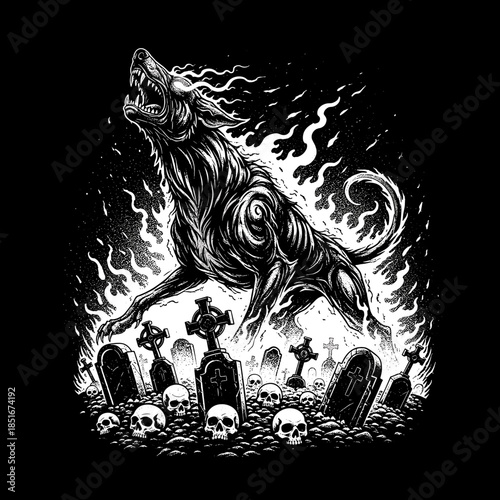A hellish wolf howling amidst flames and gravestones.