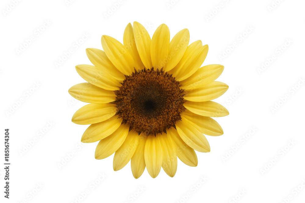 Fototapeta premium Sunflower head with bright yellow petals and brown center, blooming against a transparent background