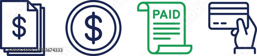 Finance icons set, invoice and payment symbols, dollar coin, paid receipt, credit card transaction, vector illustration for business use