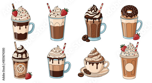 A delicious illustrated set of various coffee and chocolate drinks topped with whipped cream, syrup, and strawberries in a sketch style.