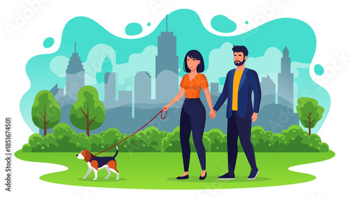 Couple Walking Dog in a Park with Cityscape Background