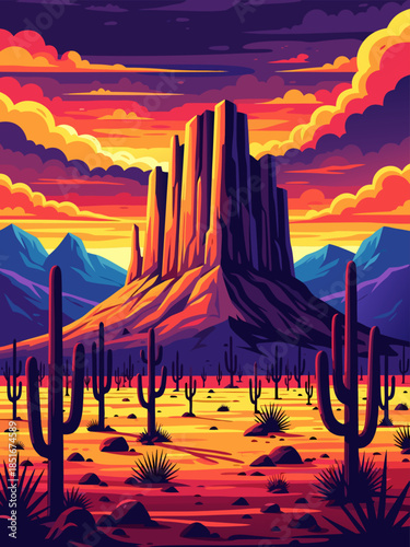 Vibrant Desert Landscape at Sunset with Towering Rock Formations and Silhouetted Cacti Under a Fiery Sky