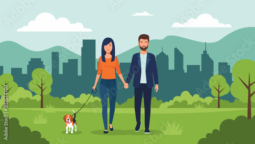 Happy Couple Walking Their Dog in a Picturesque City Park with Green Trees and a Skyline