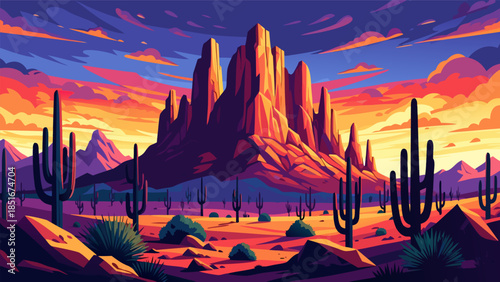 Vibrant Sunset Over a Desert Landscape with Towering Rock Formations and Saguaros