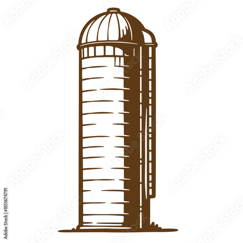 Vintage sketch illustration of a brown farm silo structure on a white background