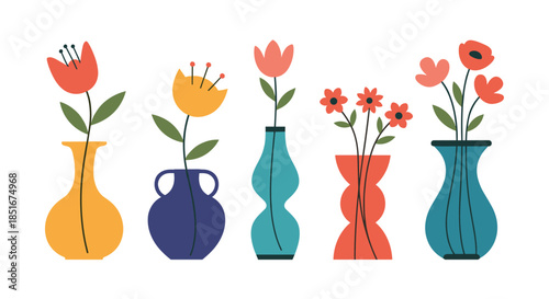 A beautiful collection of five modern and colorful vases holding stylized flowers, showcasing a contemporary flat design aesthetic.