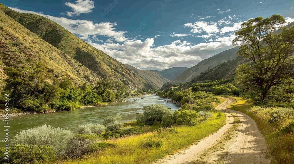 Fototapeta premium Scenic river valley with lush vegetation and a winding dirt road. Majestic hills provide a dramatic backdrop under a sky dotted with fluffy clouds. Serene nature scenery.