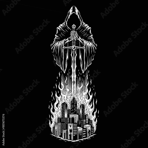 Grim Reaper with Sword Over Burning City.