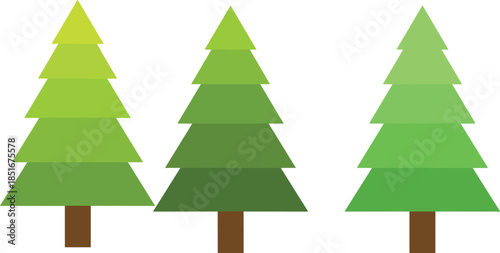 Three stylized green pine trees with geometric layers isolated on white background for winter holidays nature forest and flat design projects