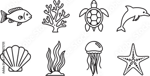 Sea creatures and ocean line fish coral turtle