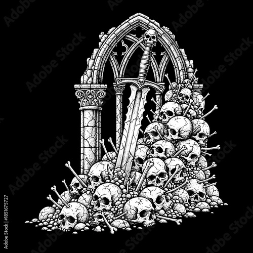 Gothic Archway with Sword and Pile of Skulls.