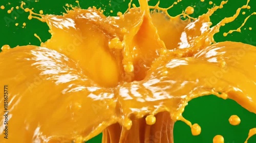 Orange juice splash burst exploding outward thick vibrant orange liquid high speed slow motion detailed droplets clean green screen background,