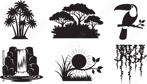 Tropical landscape with palm trees toucan and waterfall jungle