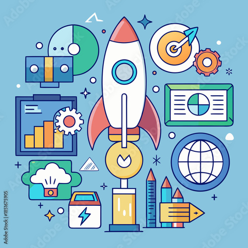 Startup icon set. Containing innovation, business plan, investment, launch, funding, investor and entrepreneurship icons. Solid icon collection. Vector