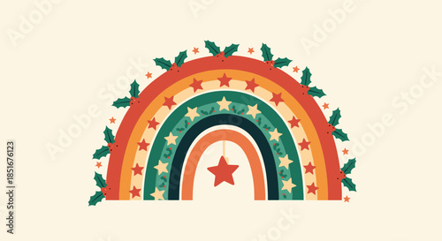 A festive boho-style Christmas rainbow decorated with holly, berries, and stars, featuring a hanging star ornament in the center.