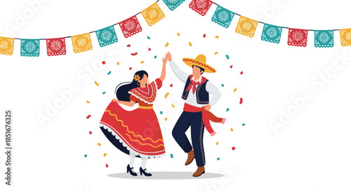 A vibrant illustration of a couple in traditional Mexican attire dancing joyfully at a fiesta under colorful papel picado banners.