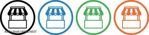 Storefront icon set, market stall symbols, circular business graphics, minimal vector design, retail concept elements, color-coded shop visuals