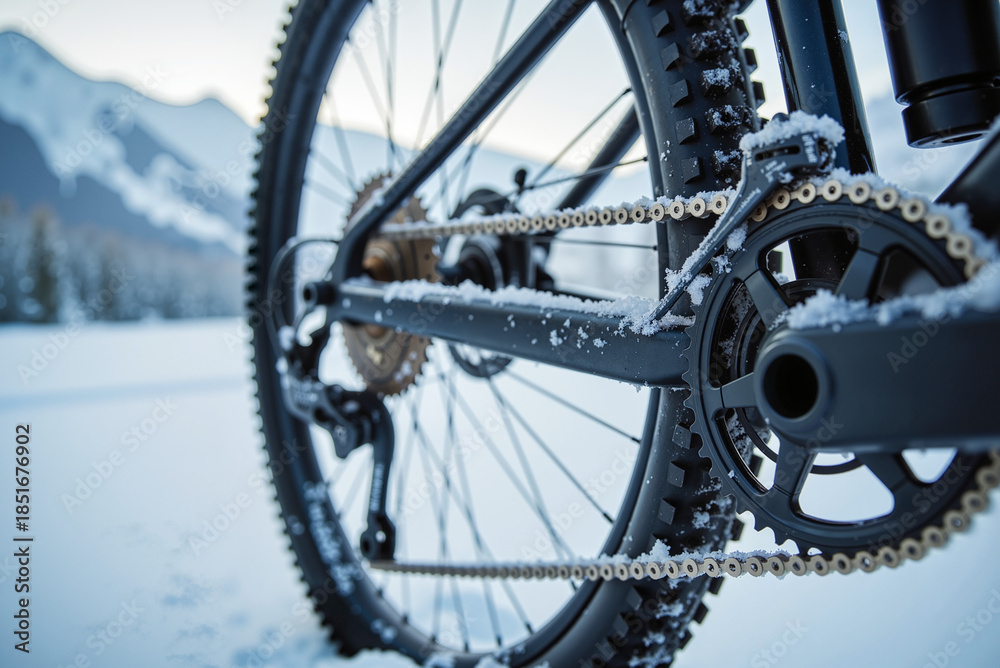 Fototapeta premium Mountain Bicycle Gear Close-up – Icy Mechanical Details for Winter Sports Photography and Cycling Enthusiast Blogs