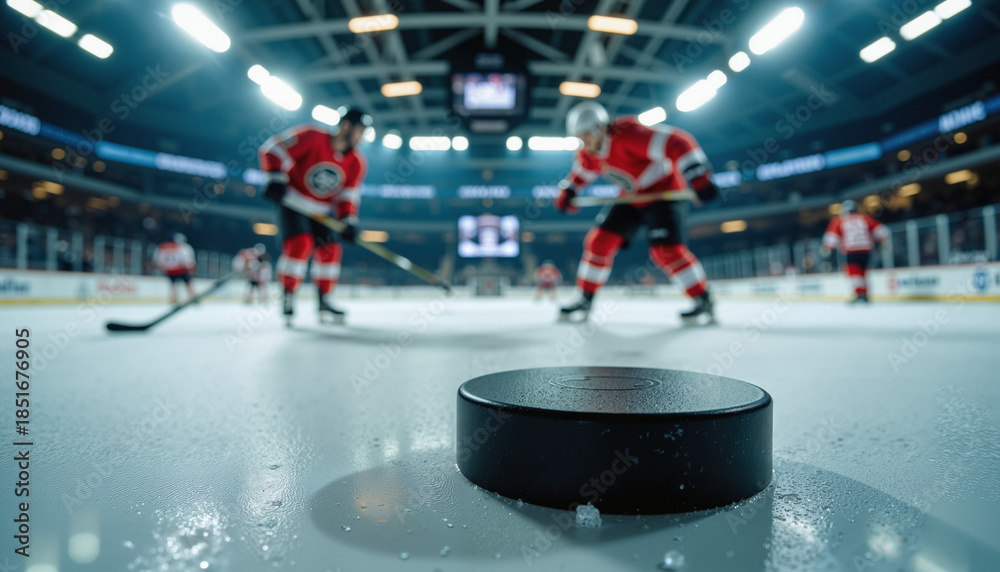 Fototapeta premium Hockey Puck on Frosty Ice – Dramatic Arena Lighting for Winter Sports Photography and Athletic Competition Presentations
