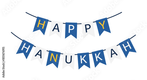 A festive bunting banner with blue, white, and gold flags spelling out Happy Hanukkah for a cheerful holiday celebration.