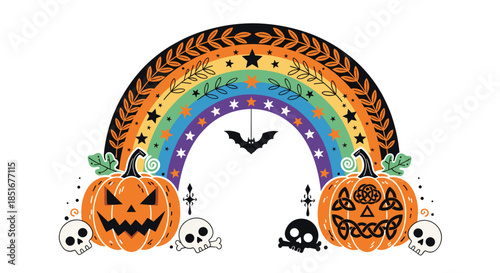 A spooky and colorful Halloween rainbow decorated with stars and leaves, featuring jack-o'-lanterns, skulls, and a bat below.