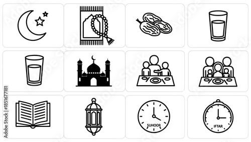 Ramadan Icons Set for Islamic Celebration and Fasting.
