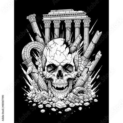 Cracked Human Skull Amidst Ancient Ruins and Debris.