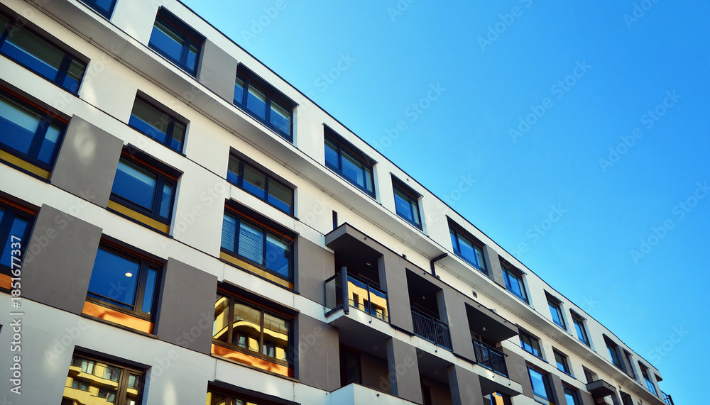 Obraz premium 青空を背景にしたモダンな集合住宅の外観