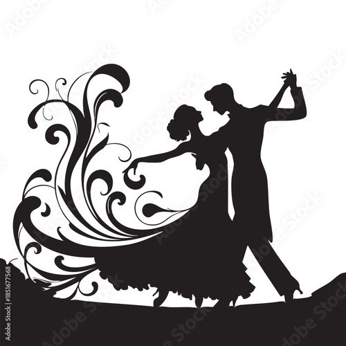 Dancing Silhouette: Capture the grace and elegance of ballroom dance as a couple dances gracefully, the fluid lines of their forms are accentuated by an artistic flourish.