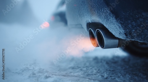 A close-up shot of a vehicle's exhaust pipes spewing fumes into the frigid winter air, surrounded by snow and mist, encapsulating the harsh conditions of a cold, winter drive.