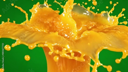 Orange juice splash burst exploding outward thick vibrant orange liquid high speed slow motion detailed droplets clean green screen background,