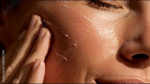 Close up of woman gently applying moisturizing spf sunscreen to her cheek in sunlight, demonstrating daily facial skincare routine for hydrated, protected, and healthy looking skin
