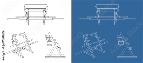 Three View Technical Blueprint of Barbell Rack Including Plan Side and Isometric Layouts