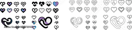 Captivating array of modern heart symbols showcasing unique swirling patterns and gradient color accents