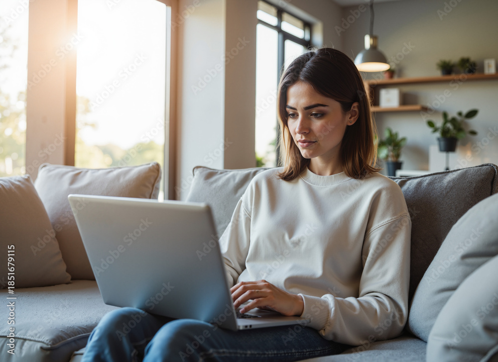 Naklejka premium Professional Woman Working on Laptop – Home Office Setup on Cozy Sofa for Freelance Lifestyle and Remote Work Concepts