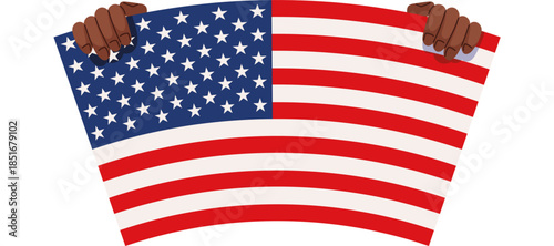Dark-skinned hands holding a waving American flag against a white background, symbolizing unity and patriotism.