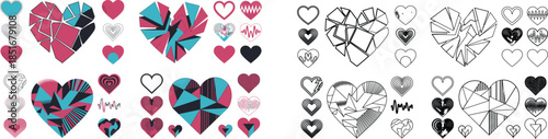Diverse collection of heart symbols showing love, broken feelings, and various decorative patterns