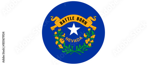 Nevada state seal featuring a white star, 'Battle Born' banner, and 'Nevada' text, surrounded by foliage on a blue circular background.