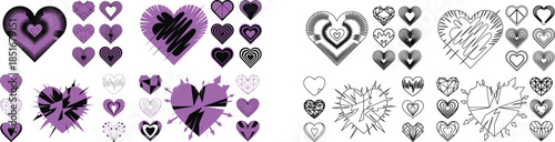 Diverse collection of stylized purple and black heart shapes with geometric and shattered designs on white