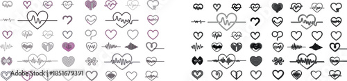 Extensive assortment of heart symbols integrated with electrocardiogram lines and rhythmic pulse wave motifs