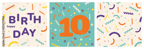 Playful 10th Birthday Design Set. Colorful Confetti Patterns and Bold Happy Birthday Typography Card for a Fun, Youthful, and Festive Celebration Theme. Seamless confetti pattern.