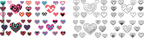 Outline drawing of numerous heart shapes with intricate wavy internal patterns