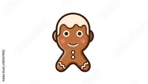 A cheerful gingerbread man with icing hair and rosy cheeks smiles on a plain white background, perfect for holiday baking and festive decorations