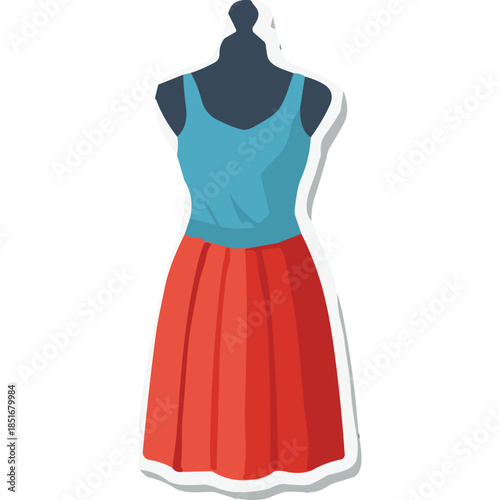 Turquoise Top and Red Pleated Skirt on Mannequin