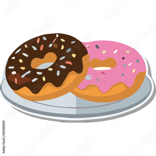 Two Frosted Doughnuts with Sprinkles on a Plate: Chocolate and Pink