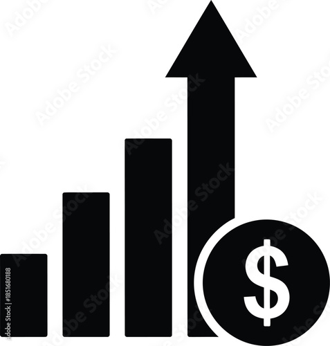 A black and white graph icon with a dollar sign and an upward trend arrow