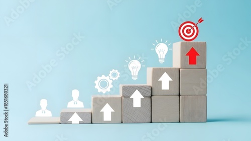 Wooden blocks illustrating steps toward achieving business goals with innovation and targets