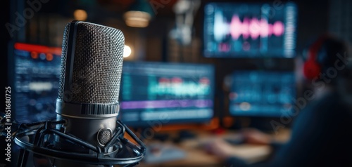 The microphone in a modern podcast studio with blurred audio engineer and monitors