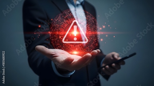 Businessman holding a glowing digital warning symbol with an exclamation mark