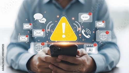 Businessman overwhelmed by multiple digital notifications and urgent alerts on a smartphone